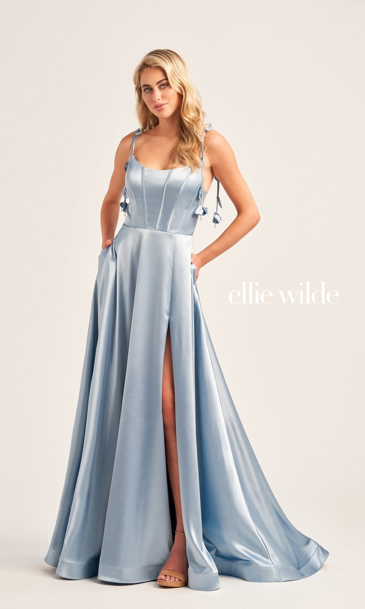 Ellie Wilde Long Satin Designer Prom Dress EW35215