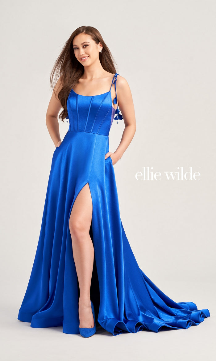 Ellie Wilde Long Satin Designer Prom Dress EW35215