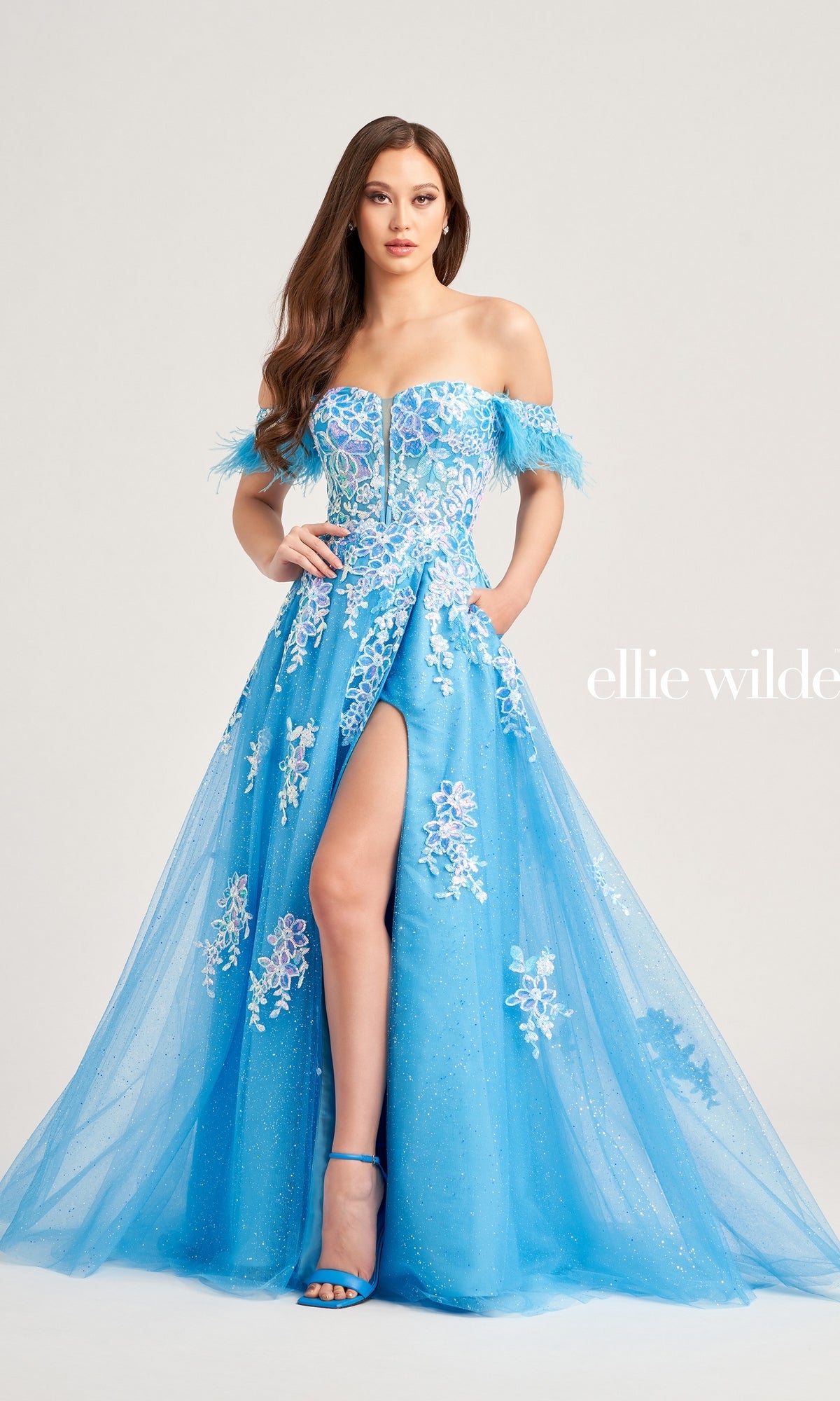 Feather-Sleeve Ellie Wilde Long Prom Dress EW35220