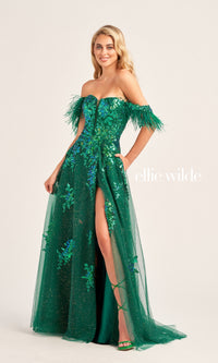 Feather-Sleeve Ellie Wilde Long Prom Dress EW35220