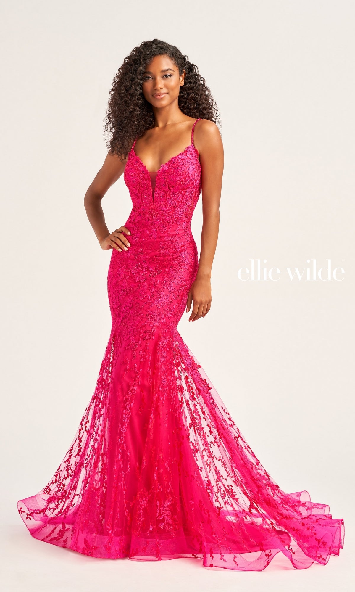 Ellie Wilde Long Beaded-Tulle Prom Dress EW35221