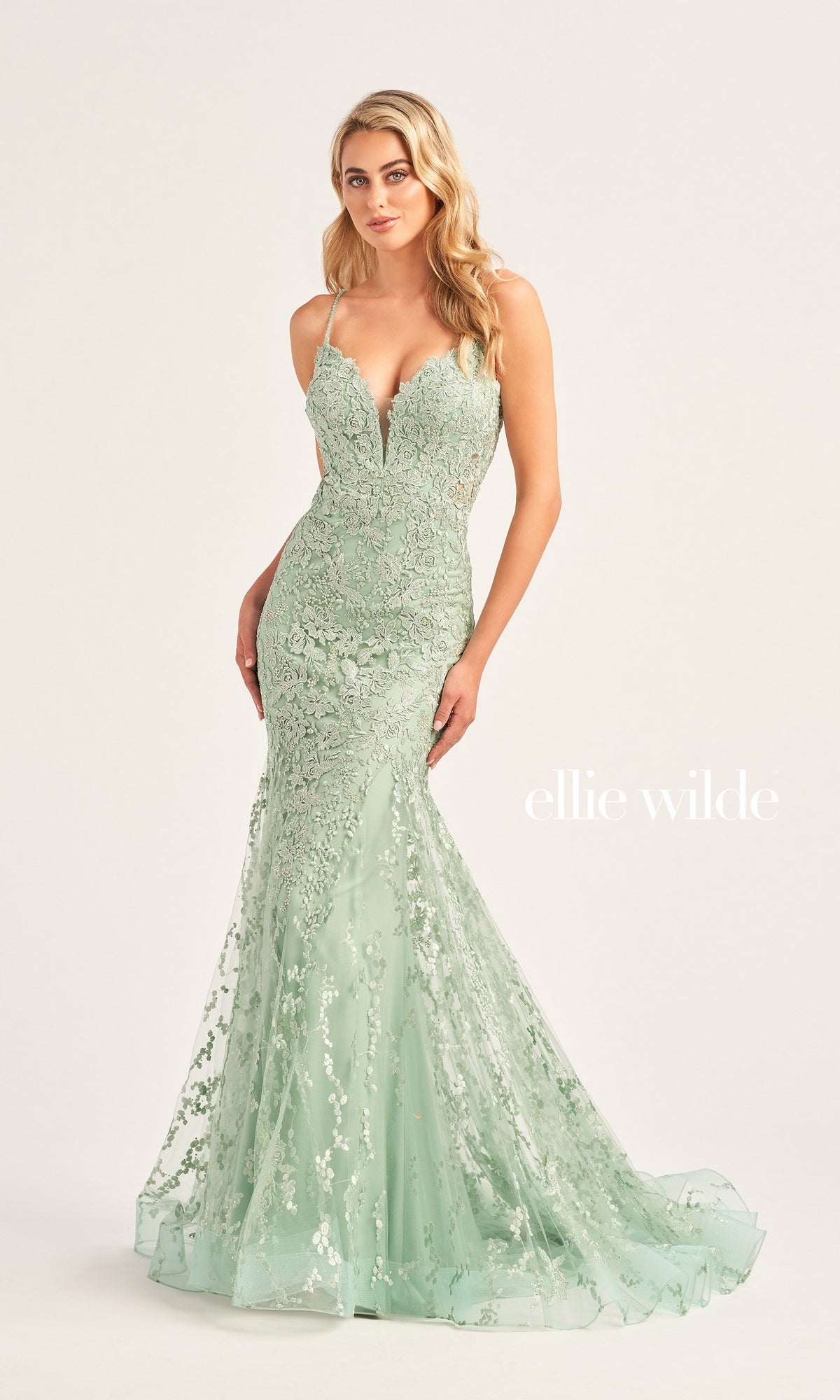 Ellie Wilde Long Beaded-Tulle Prom Dress EW35221