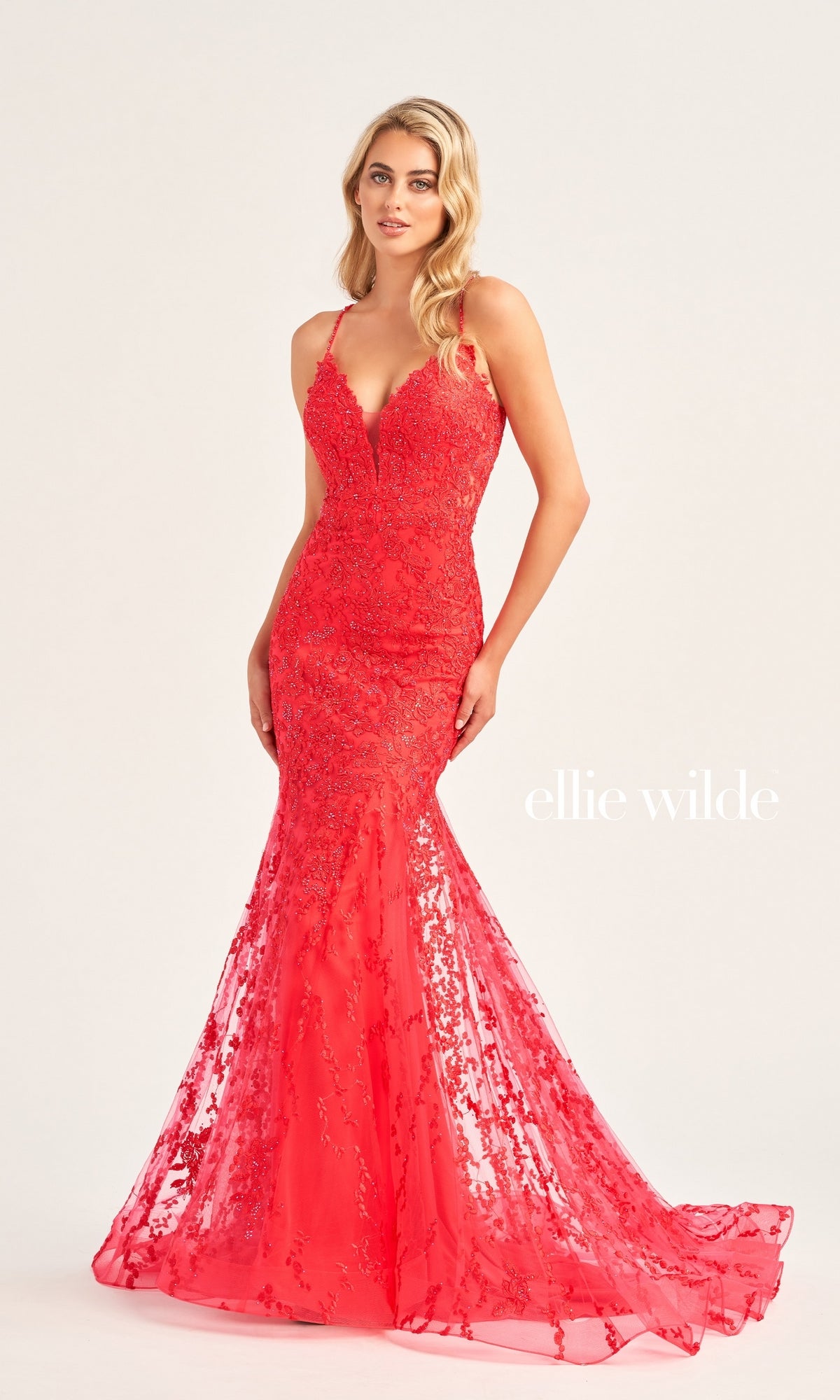 Ellie Wilde Long Beaded-Tulle Prom Dress EW35221