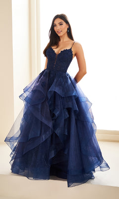 Glitter Tulle Prom Ball Gown: Ellie Wilde EW36203 Navy / 00 Glitter Tulle Prom Ball Gown: Ellie Wilde EW36203 Navy / 00