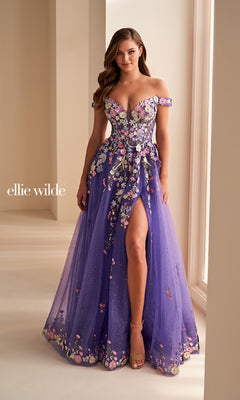 fitted lace wedding dress Long Prom Dress: Ellie Wilde EW36215 Dark Purple/Multi / 00