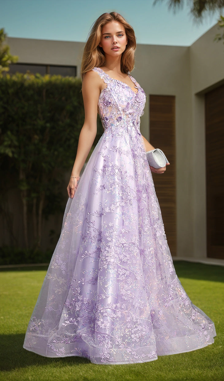 Floral-Print Lace-Up Long Prom Dress: Chicas C818 Lavender / XSmall