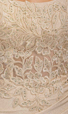 Close-up of intricate floral embroidery and beadwork on champagne lace fabric, ideal for the Eureka EK129 long prom dress—a sleeveless, lace-up back gown perfect for elegant events.