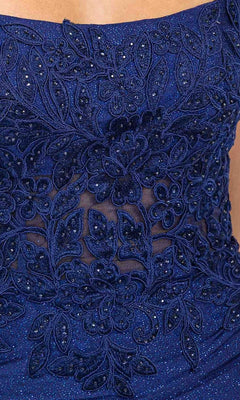 Close-up of the Eureka EK129 long prom dress in navy, featuring intricate floral lace embroidery, sheer mesh panels, bead detailing, and a lace-up open back.