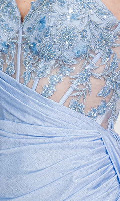 Close-up of the Eureka EK166 long prom dress in light blue, showcasing a sheer-embroidered floral bodice with sequins and glittery fabric draped gracefully at the waist.
