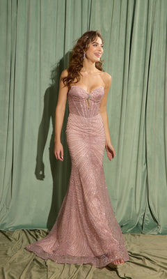 A woman in the Eureka EK195 Long Prom Dress, featuring a strapless beaded corset bodice and floor-length dusty rose skirt, stands elegantly before green curtains.