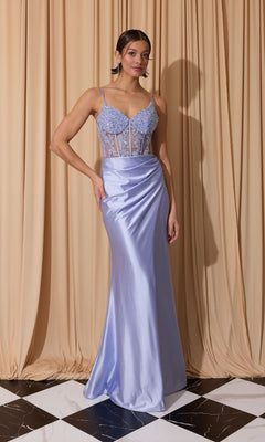 A woman stands on a black and white tiled floor in front of beige curtains, wearing the Eureka EK203 long prom dress—lavender, sleeveless, with a sheer corset bodice, lace details, and a graceful sheath skirt.