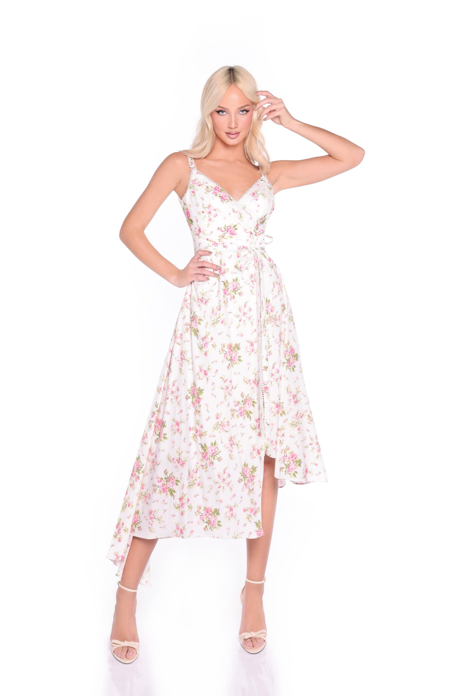 Midi Floral-Print Wrap Party Dress with High-Low Skirt Ivory Floral / Small