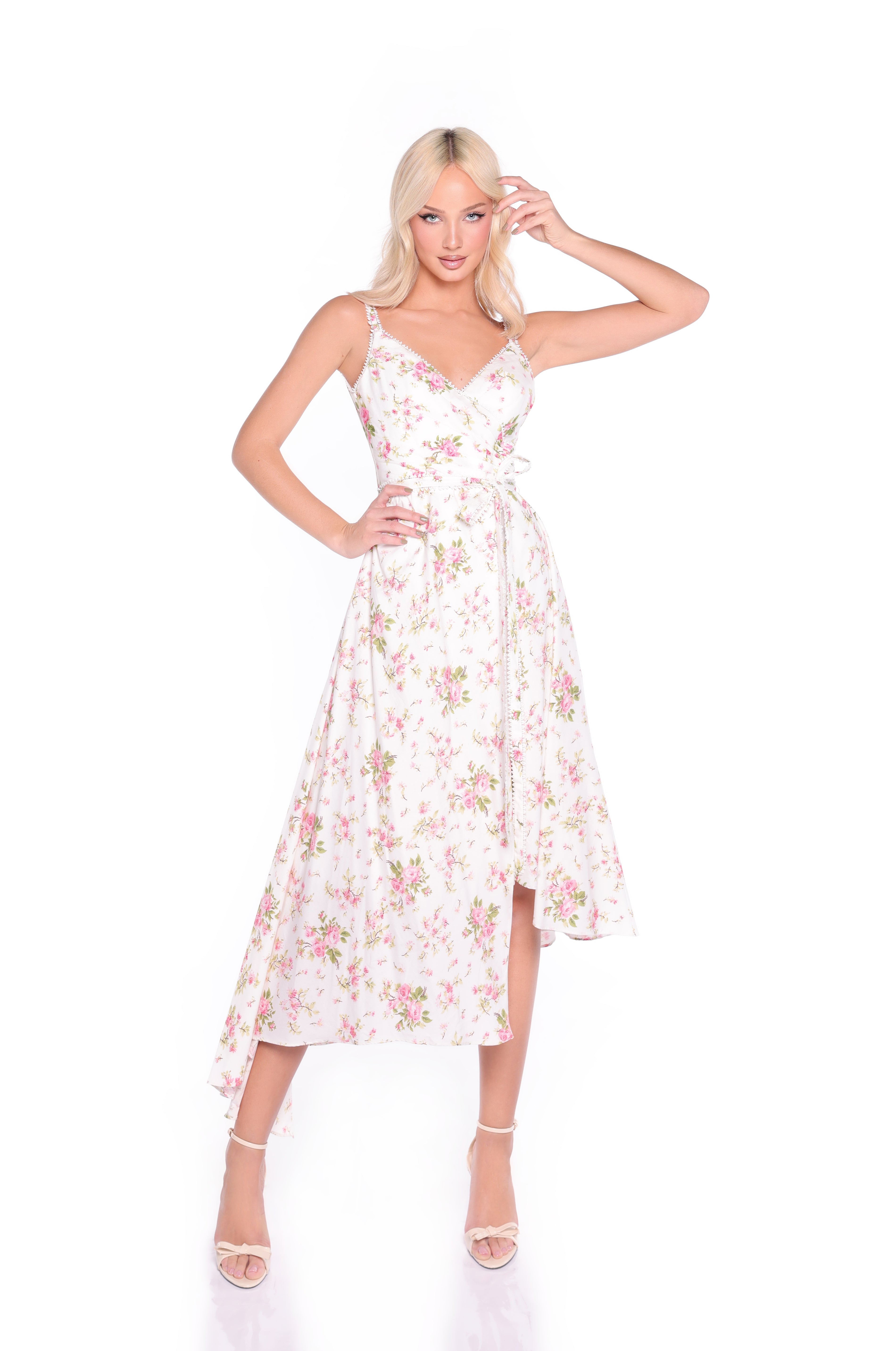 Midi Floral-Print Wrap Party Dress with High-Low Skirt Ivory Floral / Small