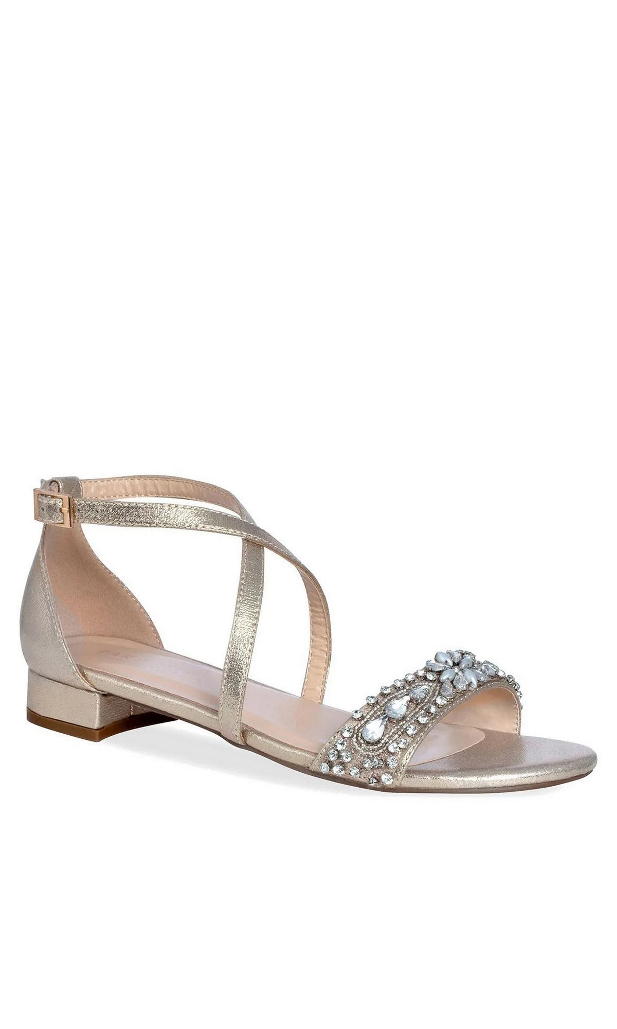 Elyse Champagne Prom Shoes: Paradox London P2233 low block heel sandals in champagne, featuring a crystal-embellished strap and a buckle ankle strap.
