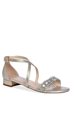 Elyse Champagne Prom Shoes: Paradox London P2233 low block heel sandals in champagne, featuring a crystal-embellished strap and a buckle ankle strap.