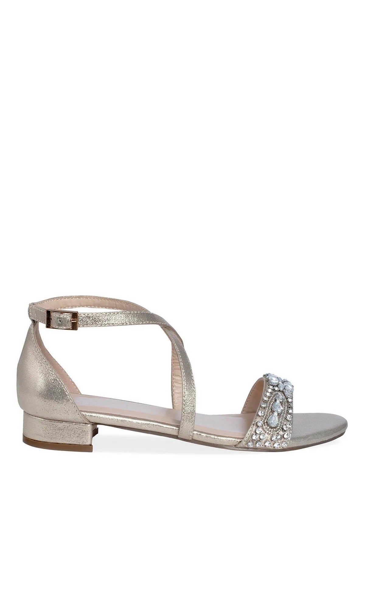 Elyse Champagne Prom Shoes: Paradox London P2233, featuring a champagne-colored low block heel, an ankle strap, and a crystal-embellished toe band.