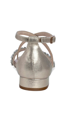 Back view of a champagne-colored Elyse Champagne Prom Shoes: Paradox London P2233 low block heel sandal with an ankle strap and rhinestone embellishments.