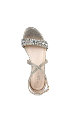 Elyse Champagne Prom Shoes: Paradox London P2233 gold strappy sandals with a jeweled toe strap, ankle buckle, and a low block heel.