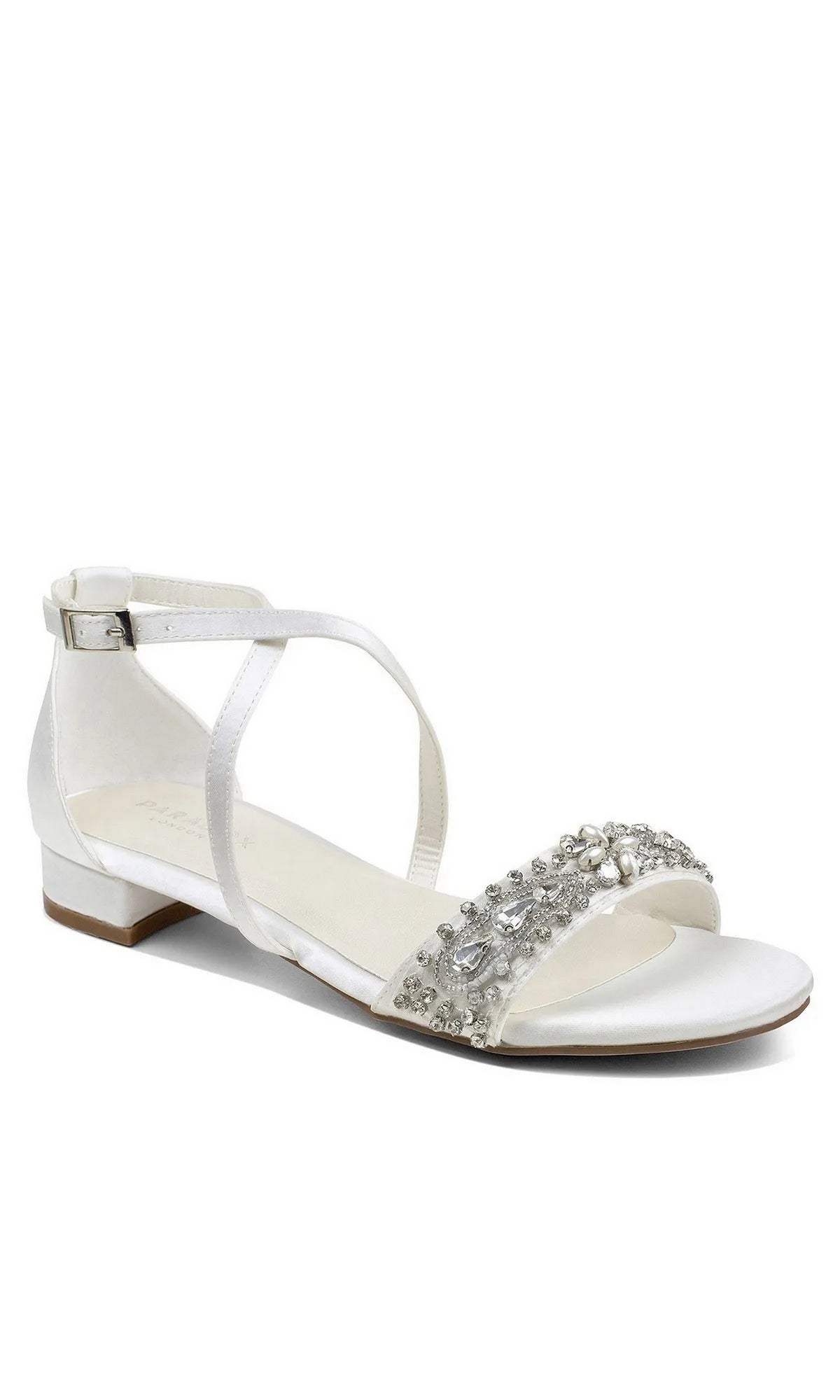 Elyse Ivory Prom Shoes: Paradox London P2231, ivory low-heeled satin shoes with an ankle strap and a rhinestone-embellished toe band.