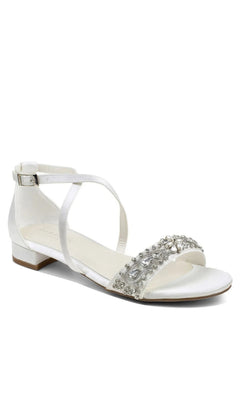 Elyse Ivory Prom Shoes: Paradox London P2231, ivory low-heeled satin shoes with an ankle strap and a rhinestone-embellished toe band.