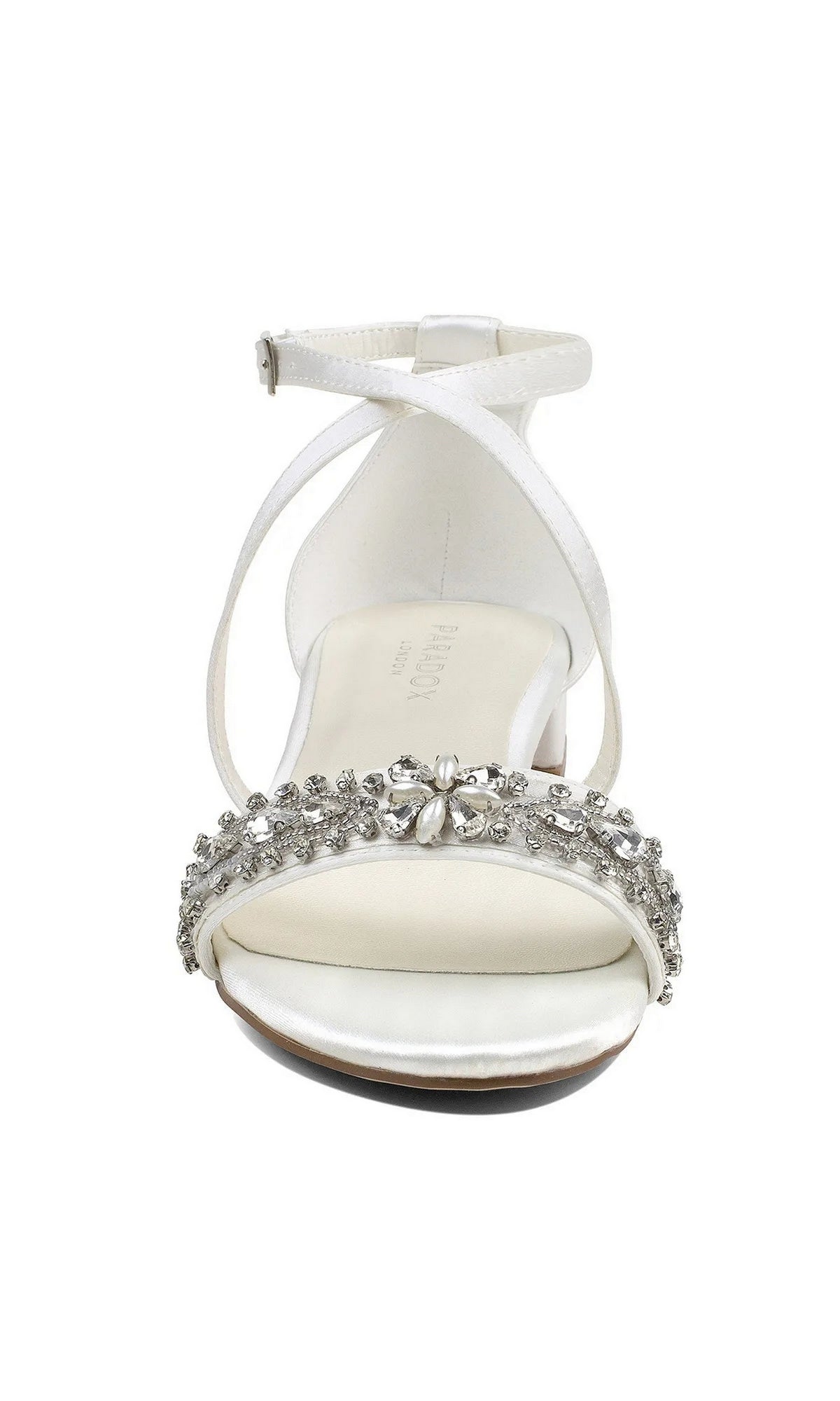 Elyse Ivory Prom Shoes: Paradox London P2231 ivory satin ankle-strap sandal with a low jeweled block heel and a rhinestone-embellished toe strap.