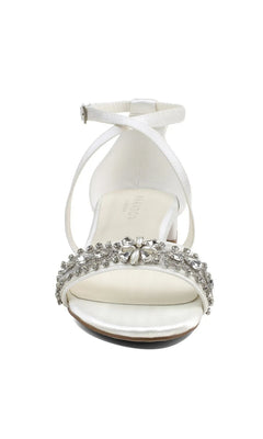 Elyse Ivory Prom Shoes: Paradox London P2231 ivory satin ankle-strap sandal with a low jeweled block heel and a rhinestone-embellished toe strap.