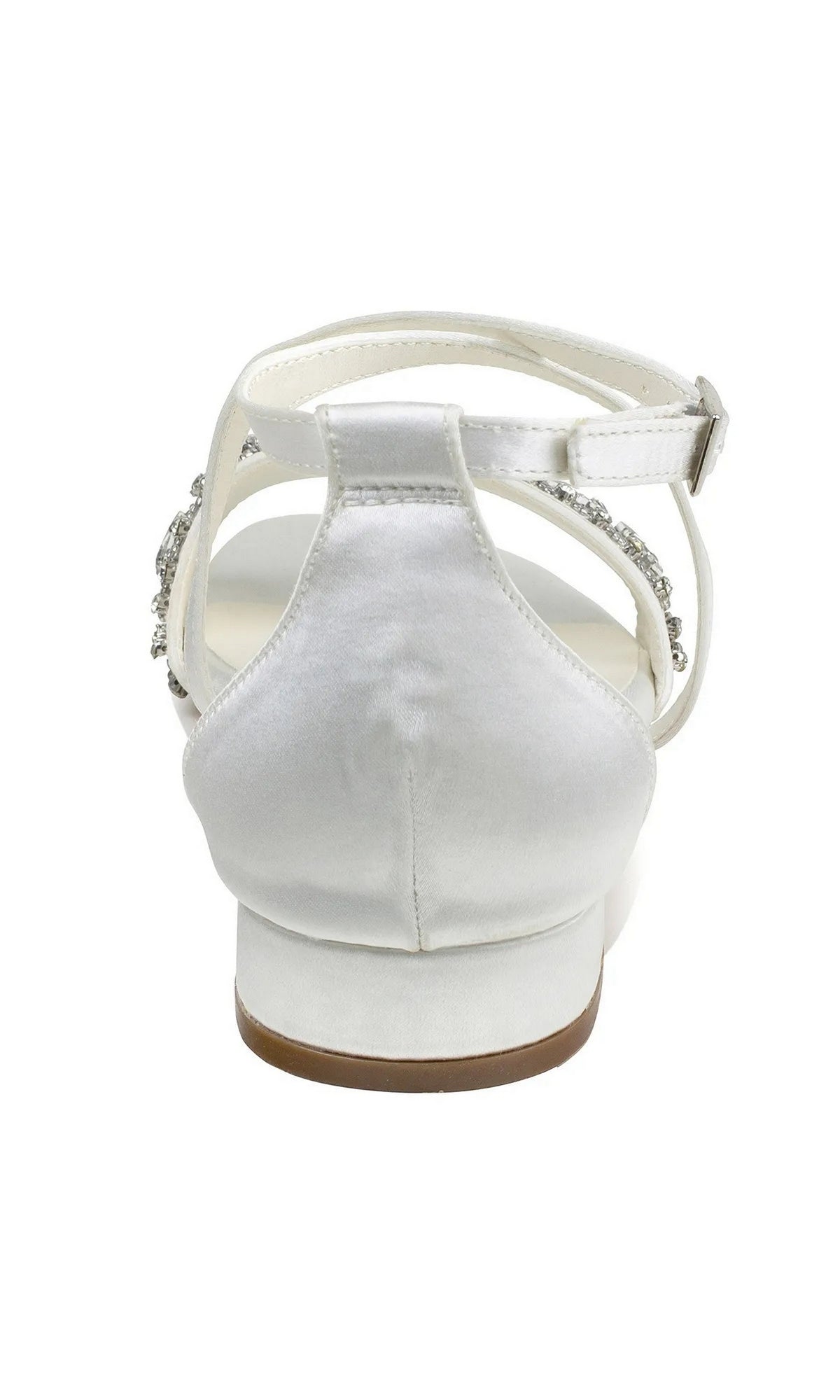 Back view of Elyse Ivory Prom Shoes: Paradox London P2231, an ivory low-heeled sandal with a rhinestone-embellished ankle strap.