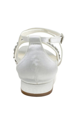 Back view of Elyse Ivory Prom Shoes: Paradox London P2231, an ivory low-heeled sandal with a rhinestone-embellished ankle strap.