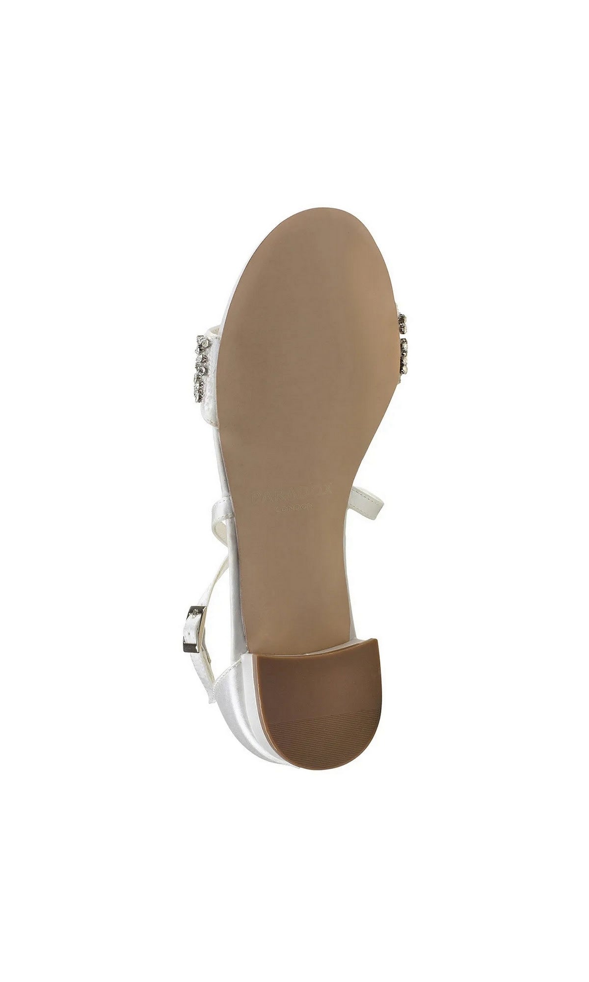 Elyse Ivory Prom Shoes: Paradox London P2231 ivory low-heeled sandal with a rhinestone-embellished strap, featuring a jeweled block heel viewed from the sole.