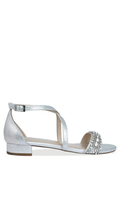 Elyse Silver Prom Shoes: Paradox London P2232 are silver low-heel shoes featuring an ankle strap and a rhinestone-embellished toe band.