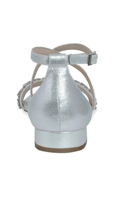 Back view of Elyse Silver Prom Shoes: Paradox London P2232, featuring a silver metallic low-heel with an ankle strap and rhinestone band embellishments.