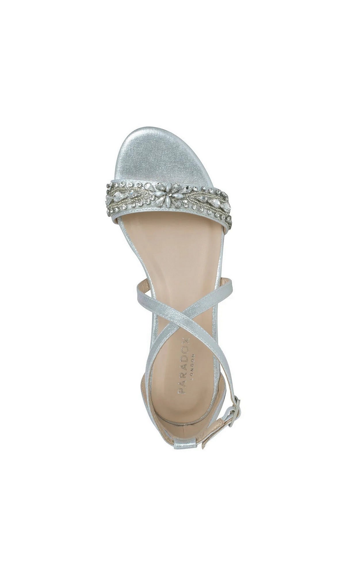 Elyse Silver Prom Shoes: Paradox London P2232 are silver low-heel shoes with a crystal-embellished toe strap and crisscross ankle straps.
