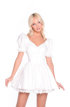 A blonde woman models the Emely White Short Graduation Dress, which features puff sleeves, lace trim, button details, and a corset-style bodice—all set against a white background.