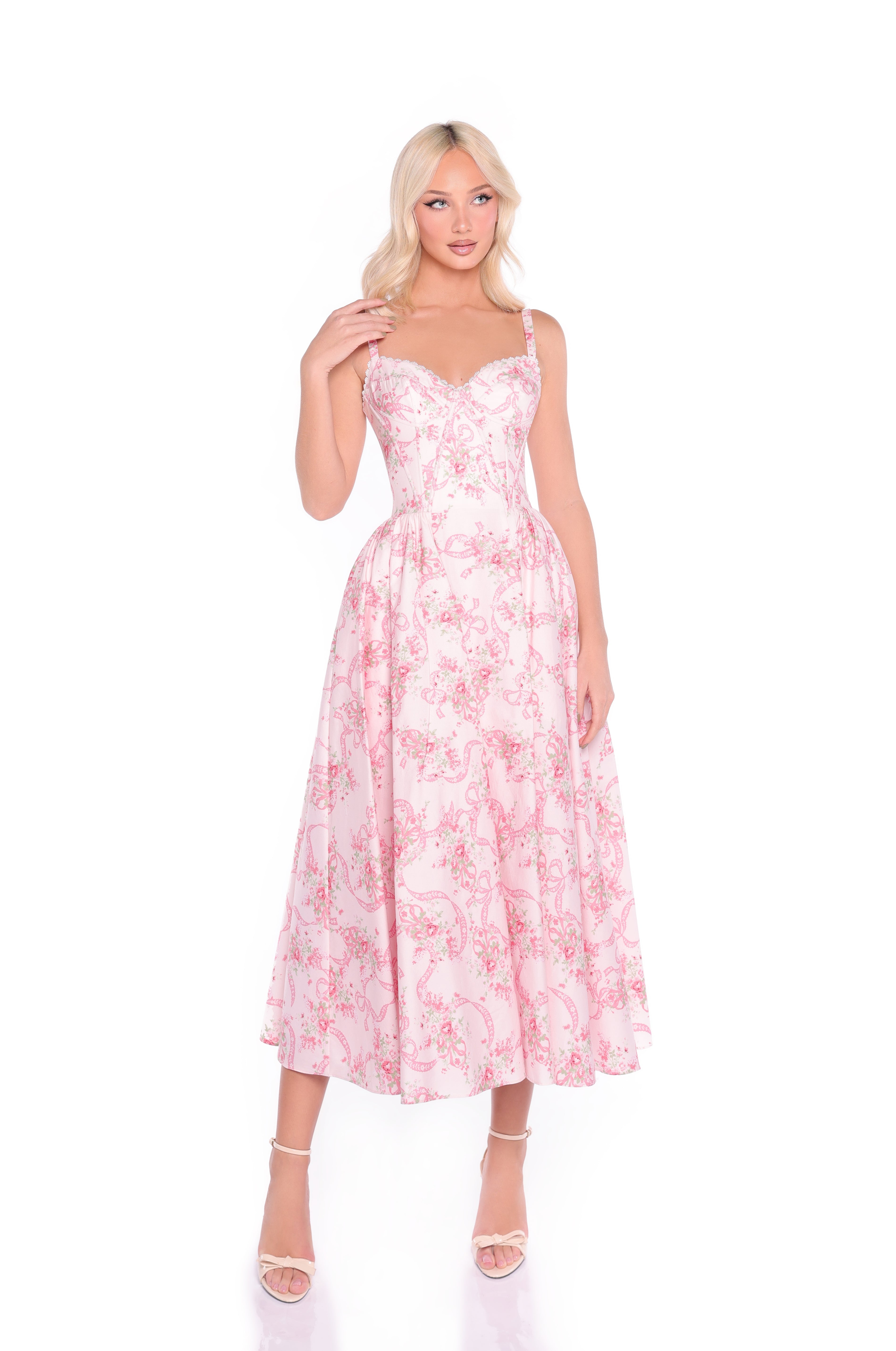 Pink Floral-Print Midi Casual Dress with Pockets Blush Ribbon Floral Print / Medium