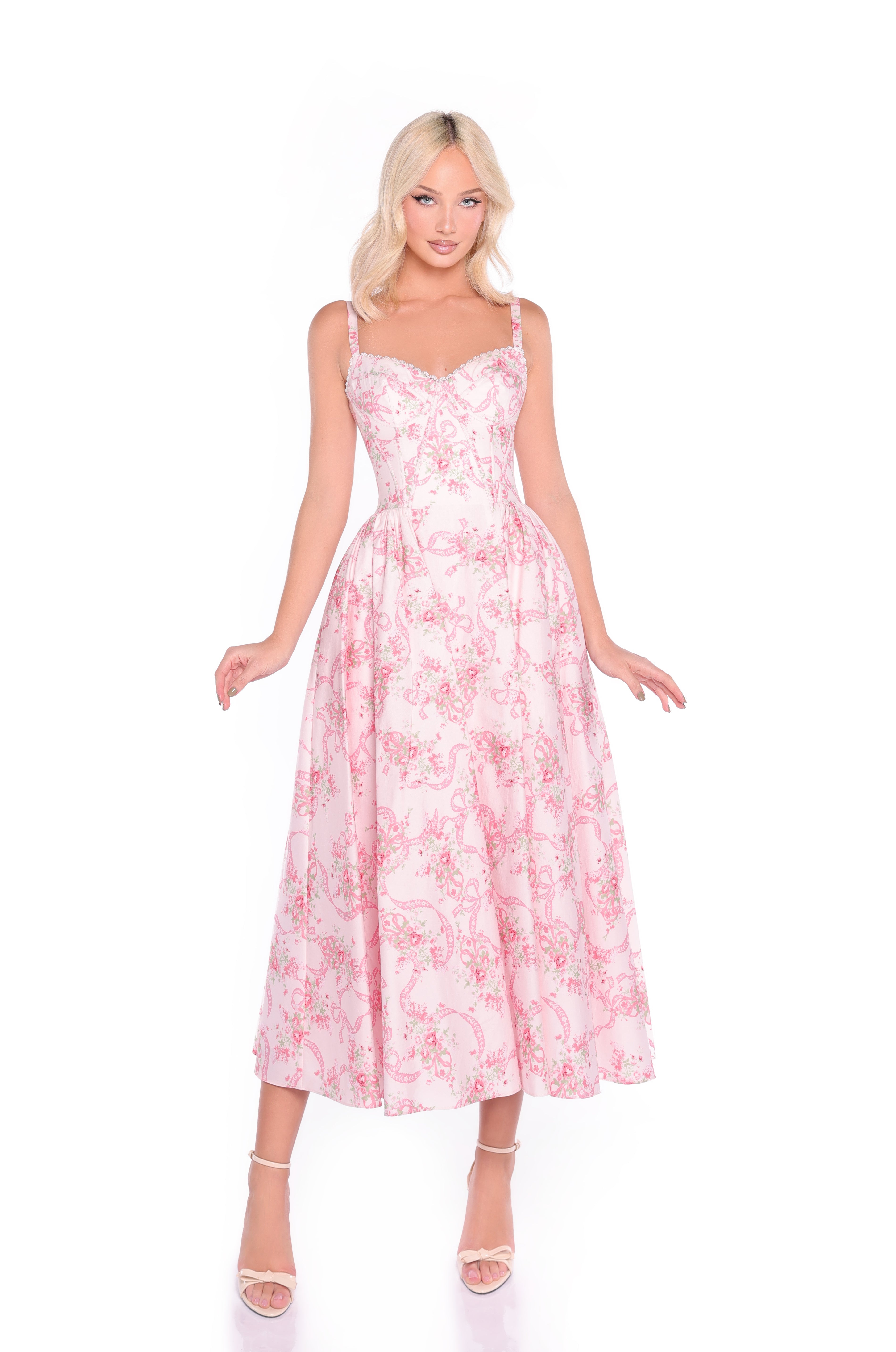 Pink Floral-Print Midi Casual Dress with Pockets Blush Ribbon Floral Print / Medium