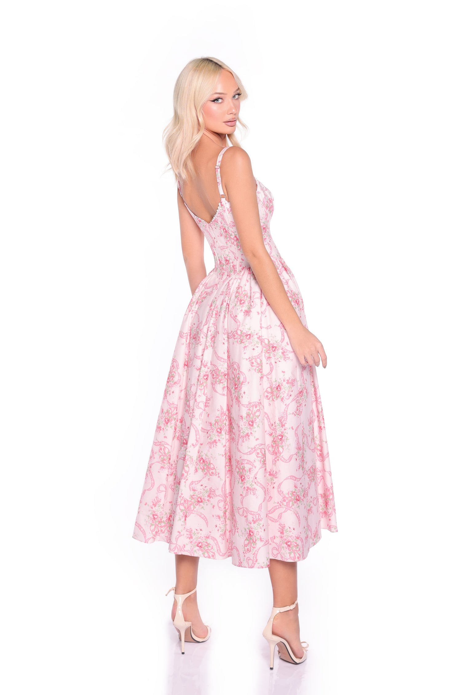 Pink Floral-Print Midi Casual Dress with Pockets PromGirl Pink Floral-Print Midi Casual Dress with Pockets PromGirl
