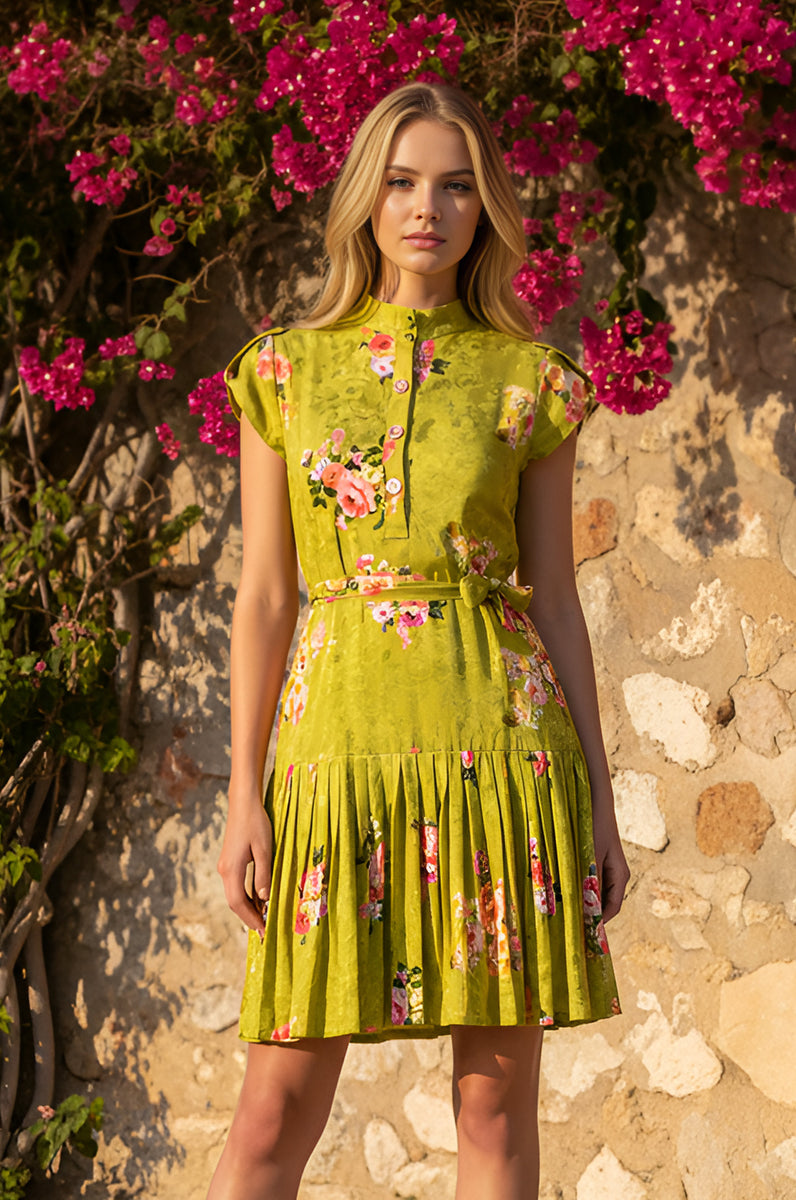 Olive Bloom Floral Short Casual Dress: Emma Olive Bloom / XSmall