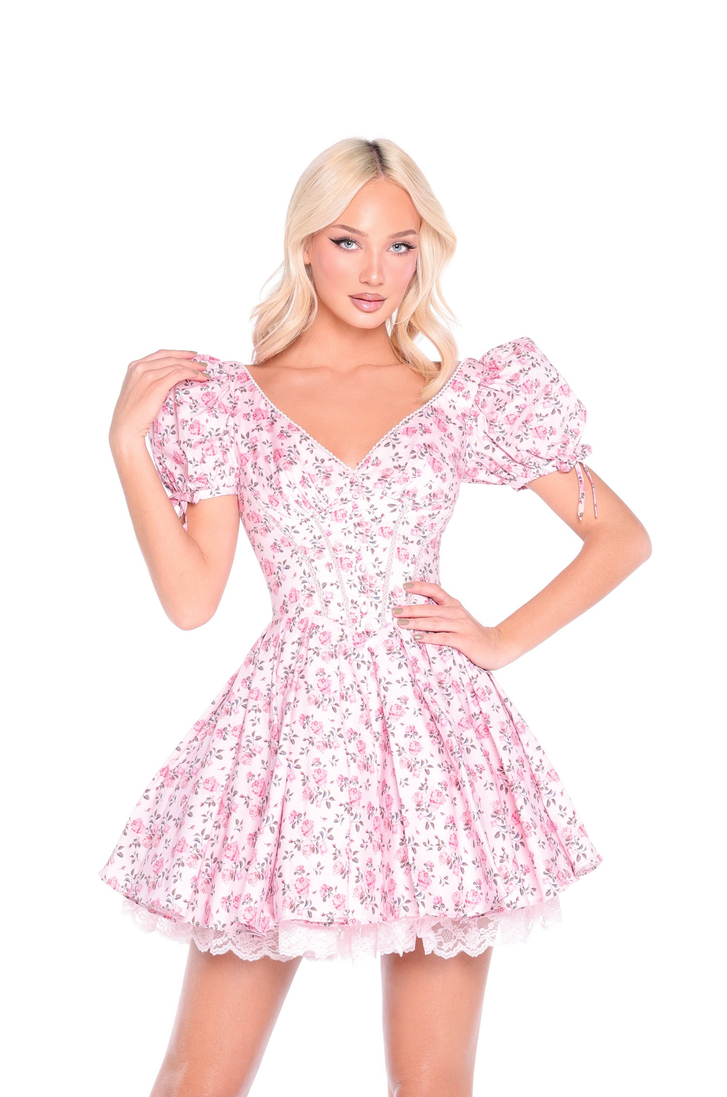 Mini Pink Floral-Print Summer Dress with Short Sleeves PromGirl Mini Pink Floral-Print Summer Dress with Short Sleeves PromGirl