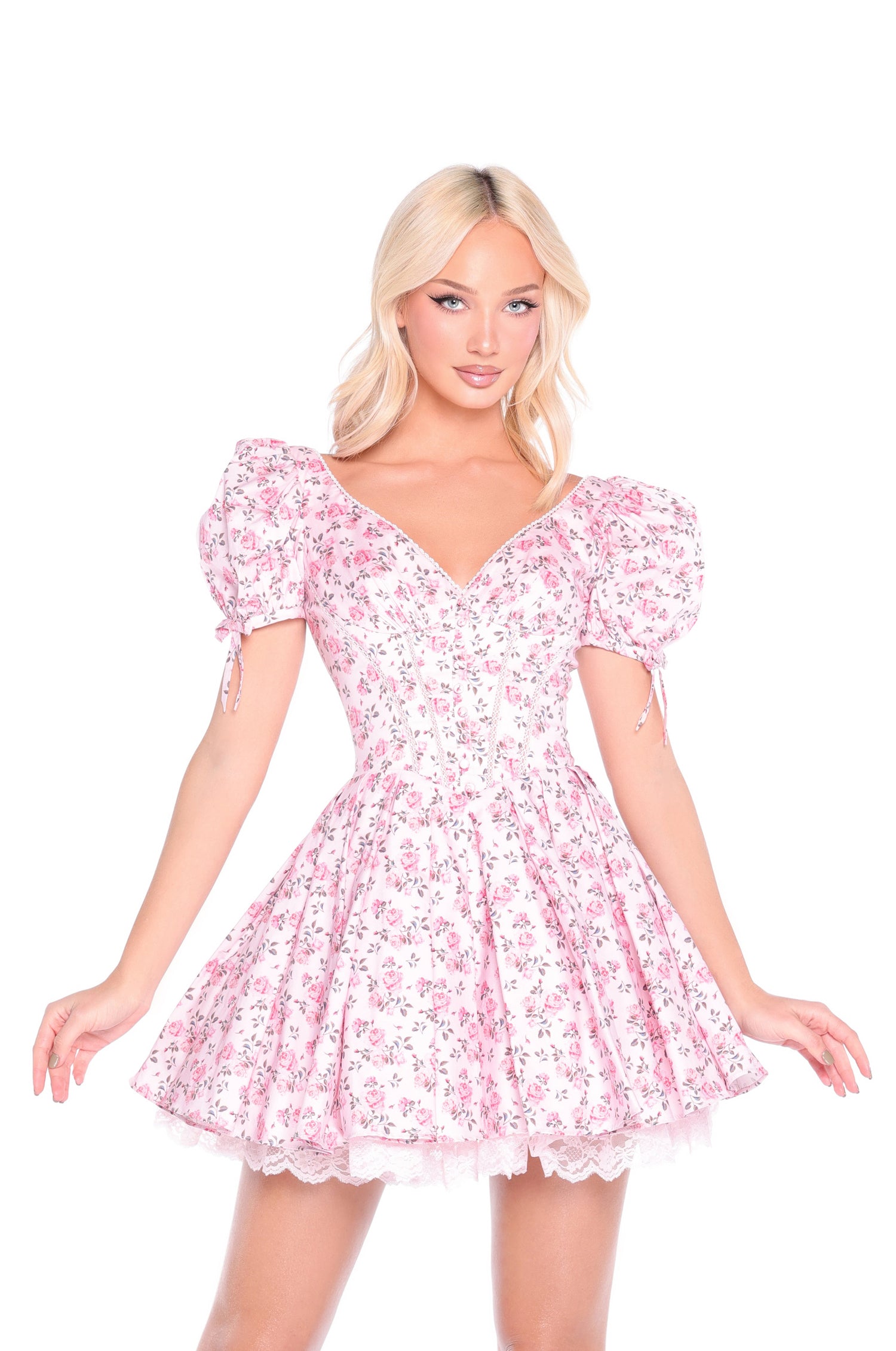 Mini Pink Floral-Print Summer Dress with Short Sleeves Rose Pink Floral / Small Mini Pink Floral-Print Summer Dress with Short Sleeves Rose Pink Floral / Small
