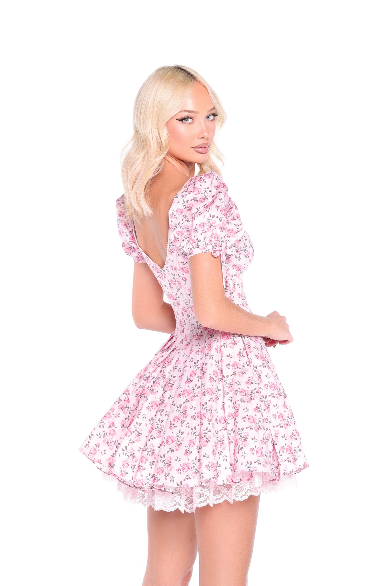 Mini Pink Floral-Print Summer Dress with Short Sleeves Rose Pink Floral / Small
