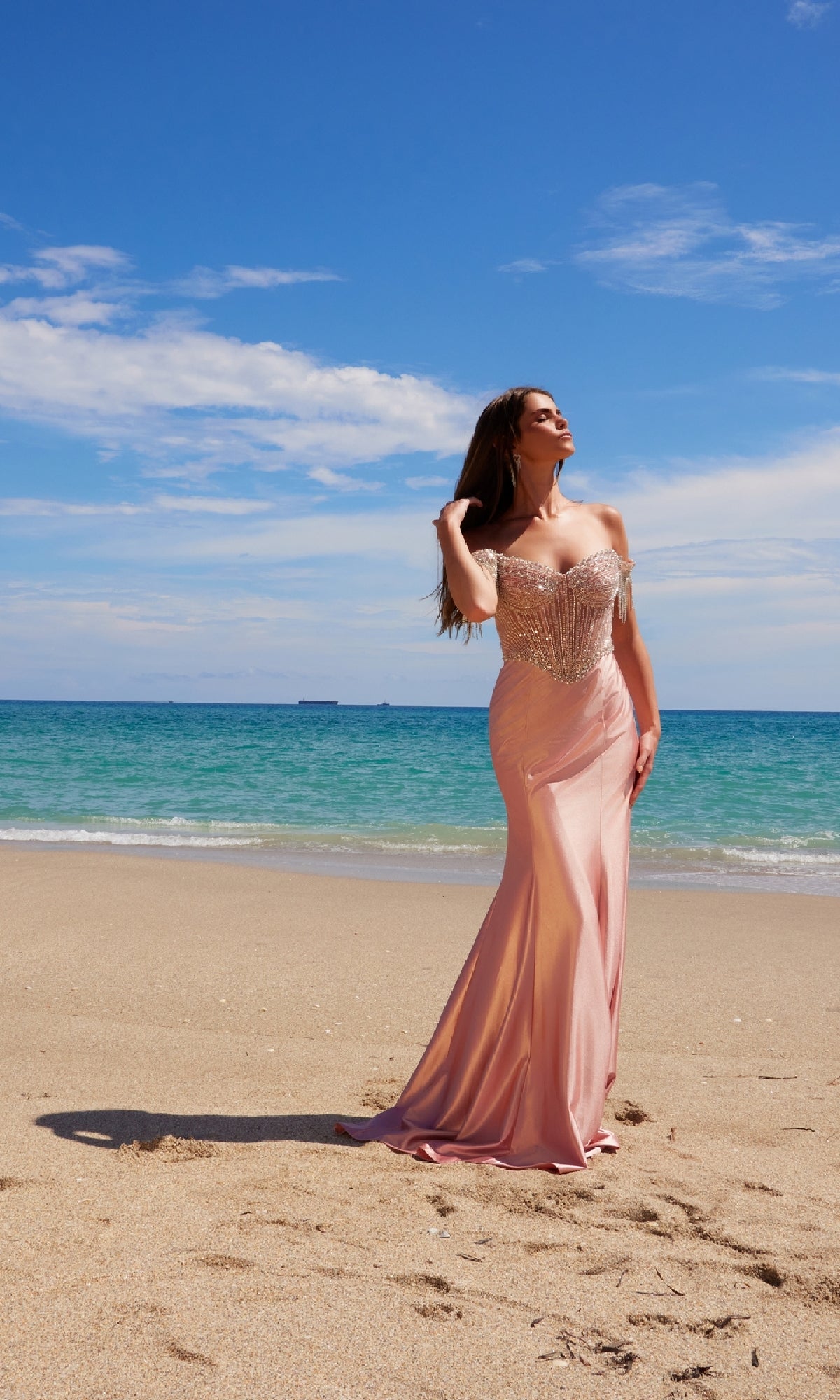 Fringed-Bodice Long Prom Dress: Nox Anabel F1568