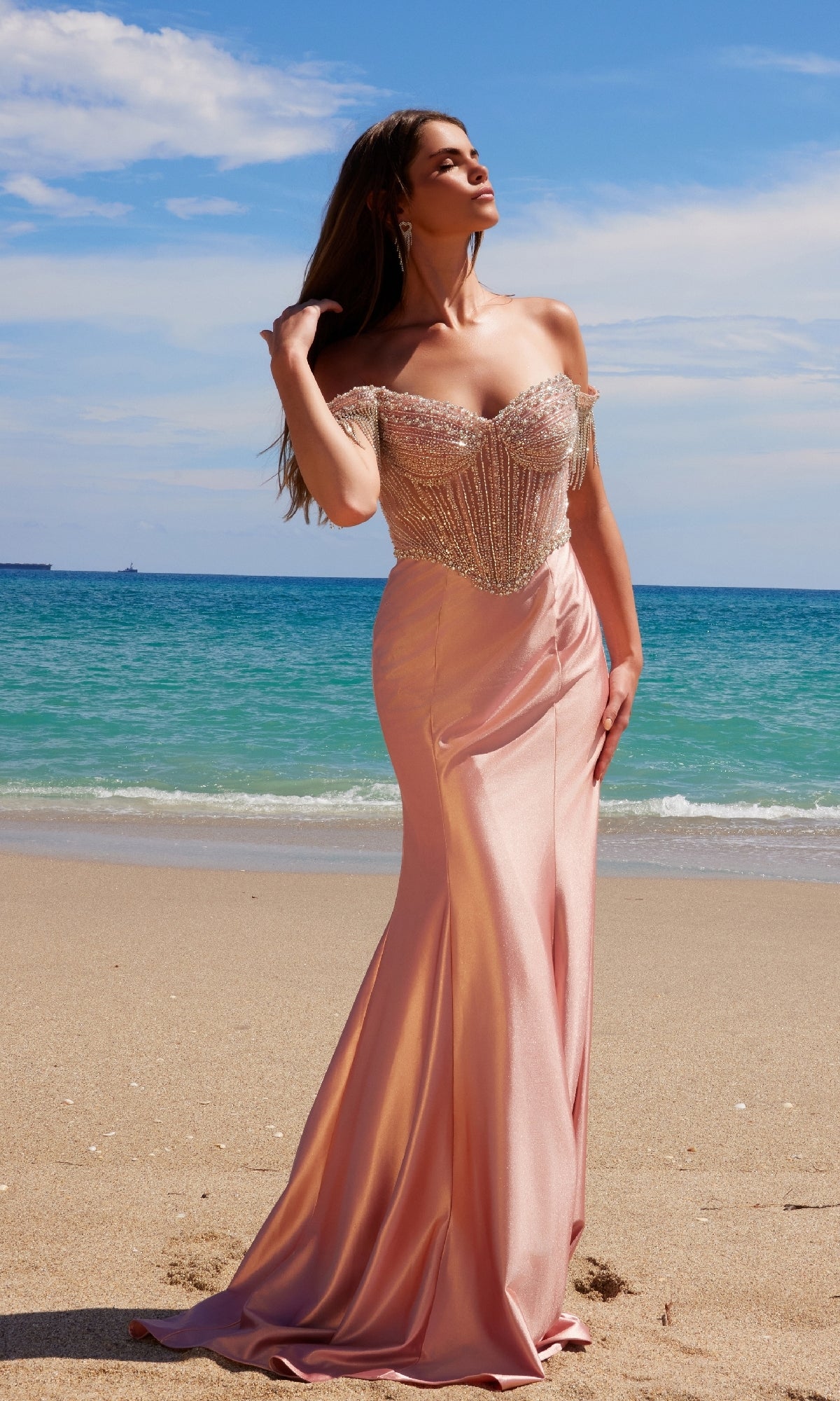 Fringed-Bodice Long Prom Dress: Nox Anabel F1568