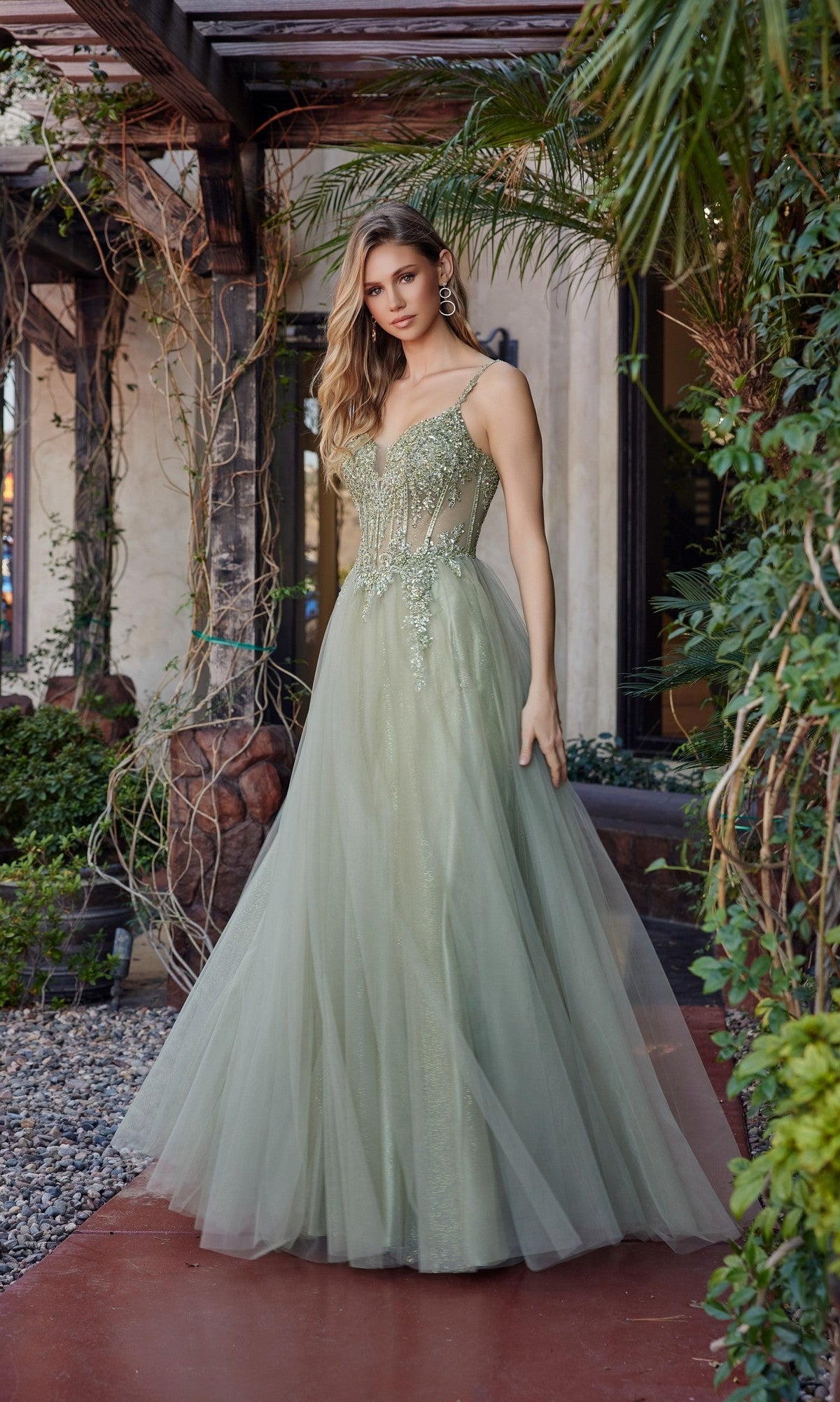 Classic Long A-Line Prom Dress with Beaded Corset Greenery / 14