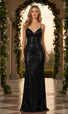 A woman wears the Backless PromGirl Long Prom Dress in black sequin tulle, featuring thin straps and a fitted, backless design, while standing outdoors among columns decorated with flowers.