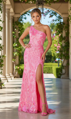 A woman stands in a sunlit outdoor corridor wearing the PromGirl One-Shoulder Neon Sequin Long Prom Dress in hot pink, paired with matching high-heeled sandals—radiating prom night elegance.