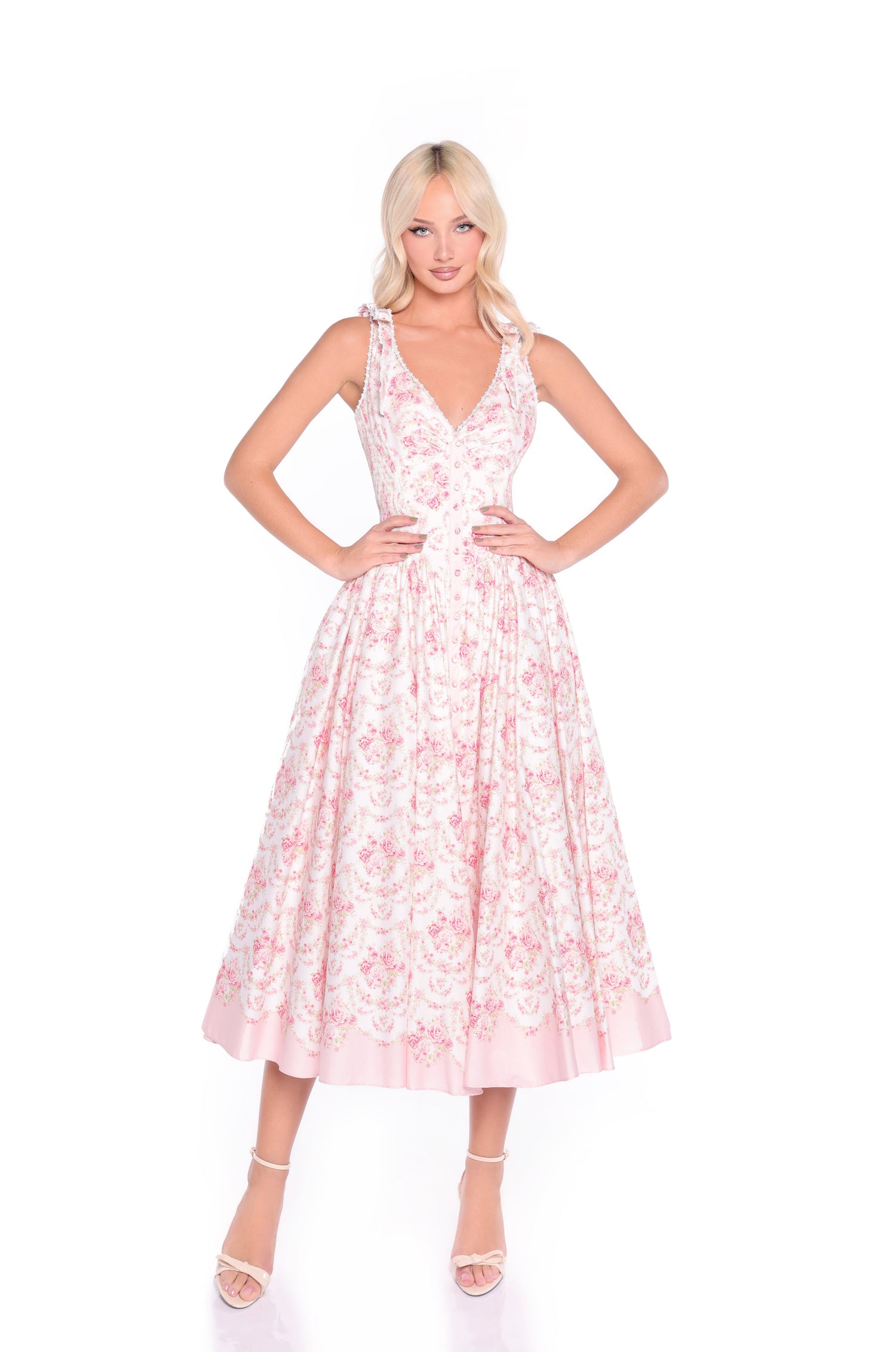 Pink Floral-Print Midi Summer Dress with Buttons Pink Floral / Medium Pink Floral-Print Midi Summer Dress with Buttons Pink Floral / Medium