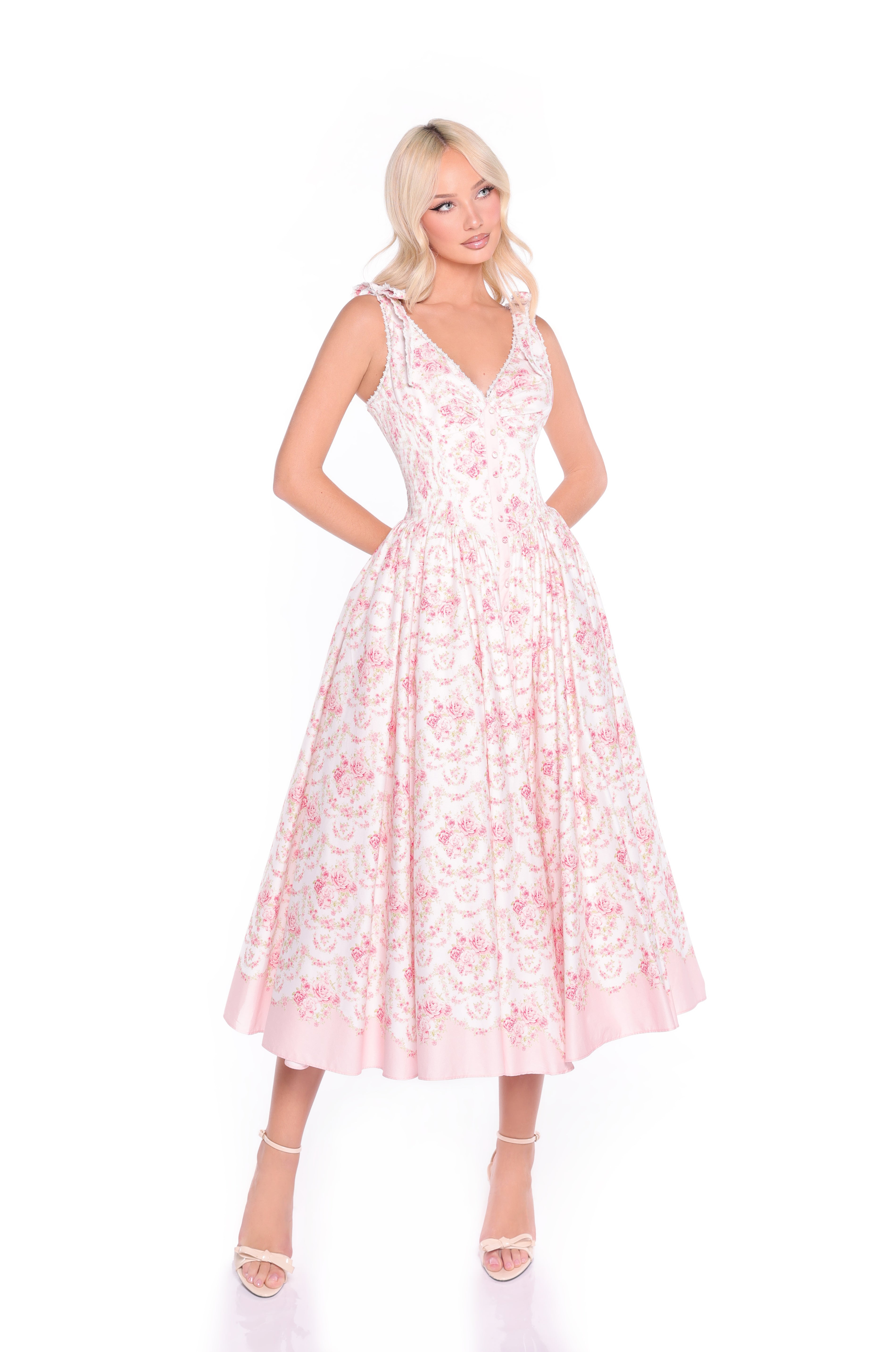 Pink Floral-Print Midi Summer Dress with Buttons – PromGirl