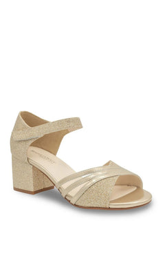 Foster Champagne Prom Shoes: Touch Ups 4679 champagne-colored glittery block heel open toe sandals with an ankle strap and crisscross front straps.