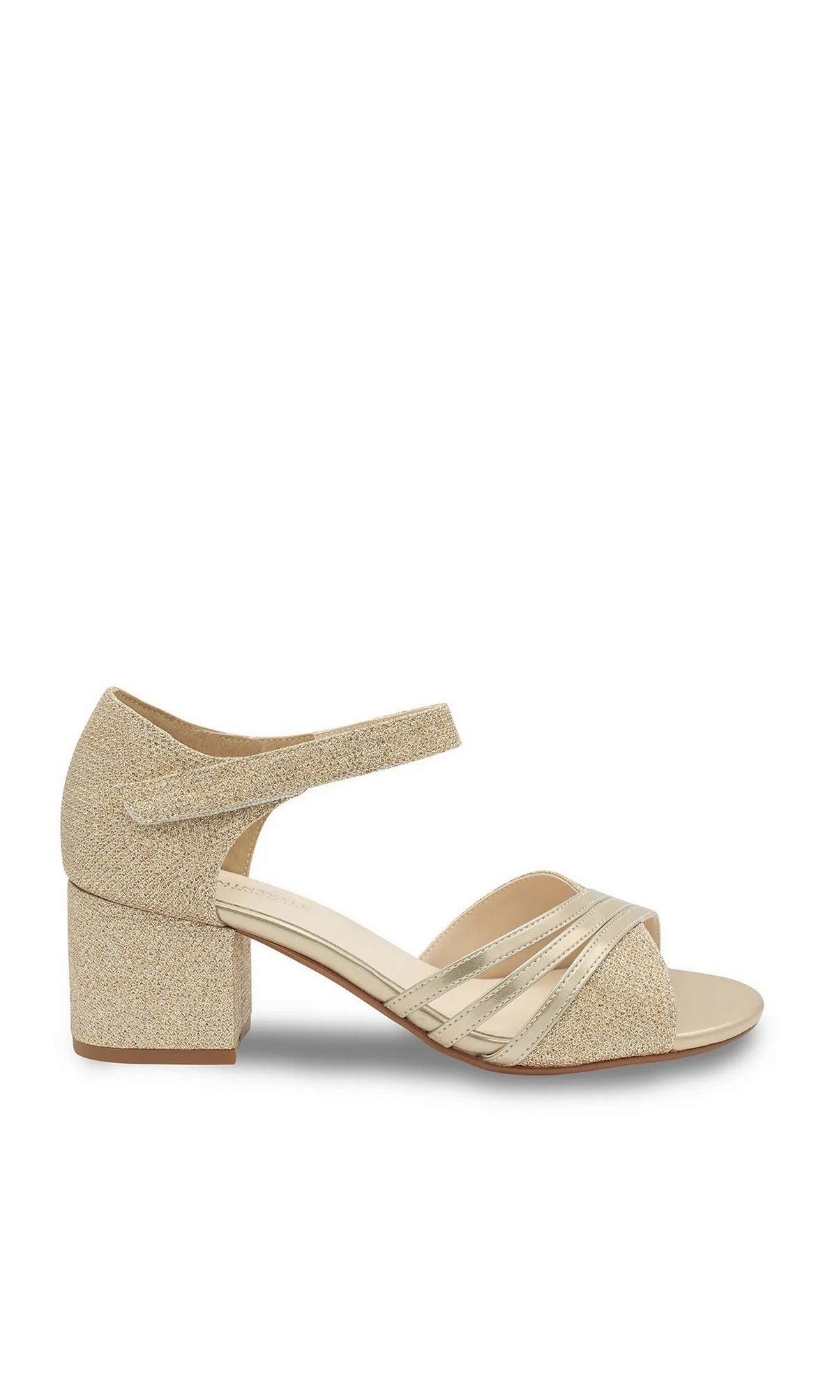 Foster Champagne Prom Shoes: Touch Ups 4679 champagne-colored glitter block-heel sandals with an ankle strap and metallic open-toe straps.