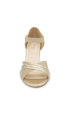 Foster Champagne Prom Shoes: Touch Ups 4679 are champagne-colored open toe sandals with a low block heel, an ankle strap, and crisscross straps over the toe.